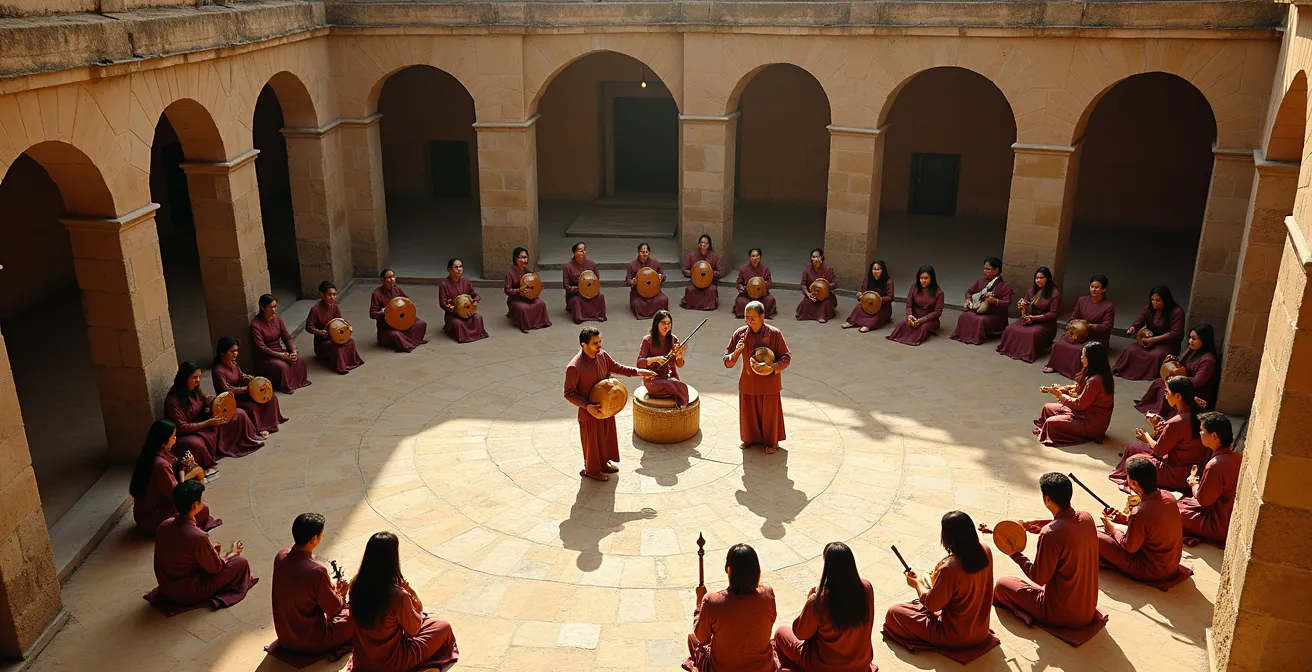 Traditional acoustic musicians performing in a natural stone courtyard with audience members positioned at various listening points