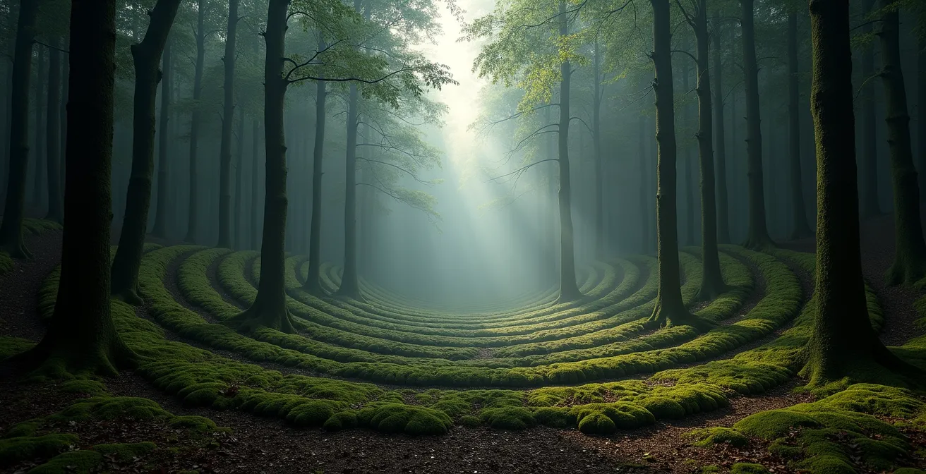 Aerial view of forested valley showing natural sound barriers and acoustic refuge zones