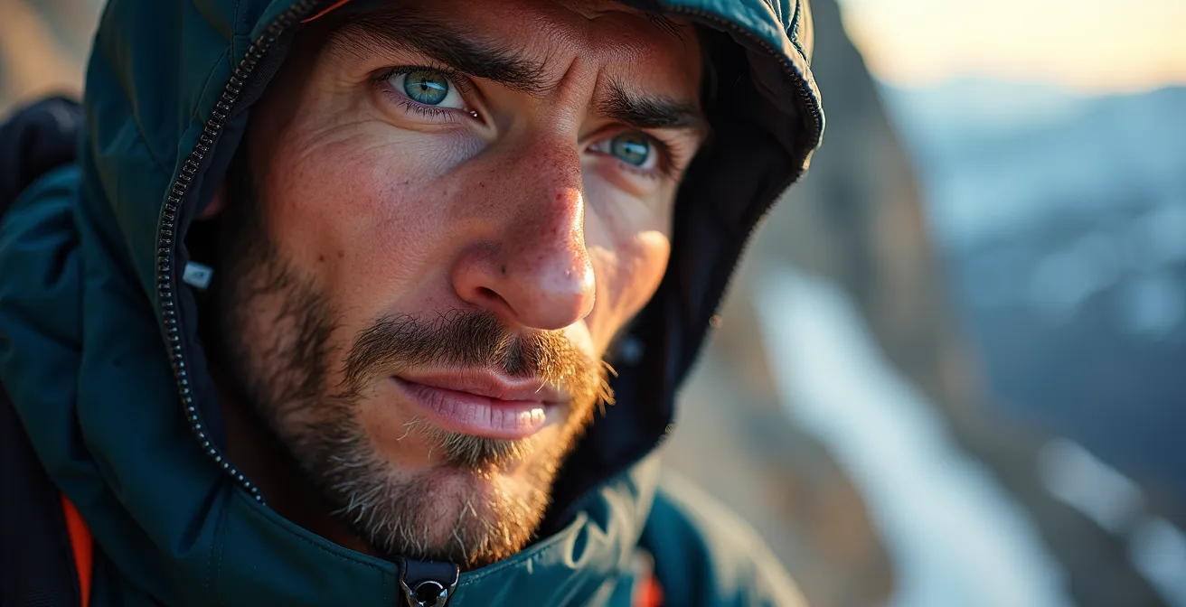 Mountaineer ascending rocky trail with dramatic elevation gain visible
