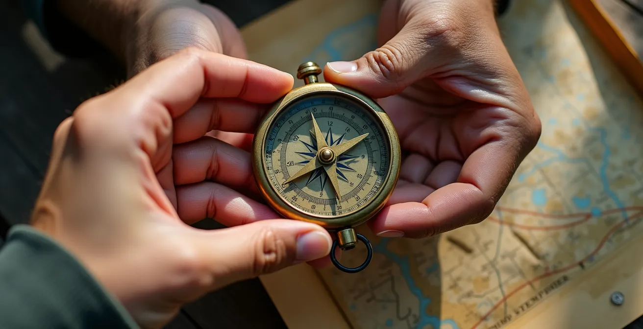 Hands holding vintage compass over weathered topographic map