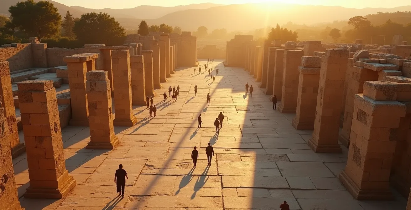 Visitors exploring ancient ruins during late afternoon with strategic shade patterns
