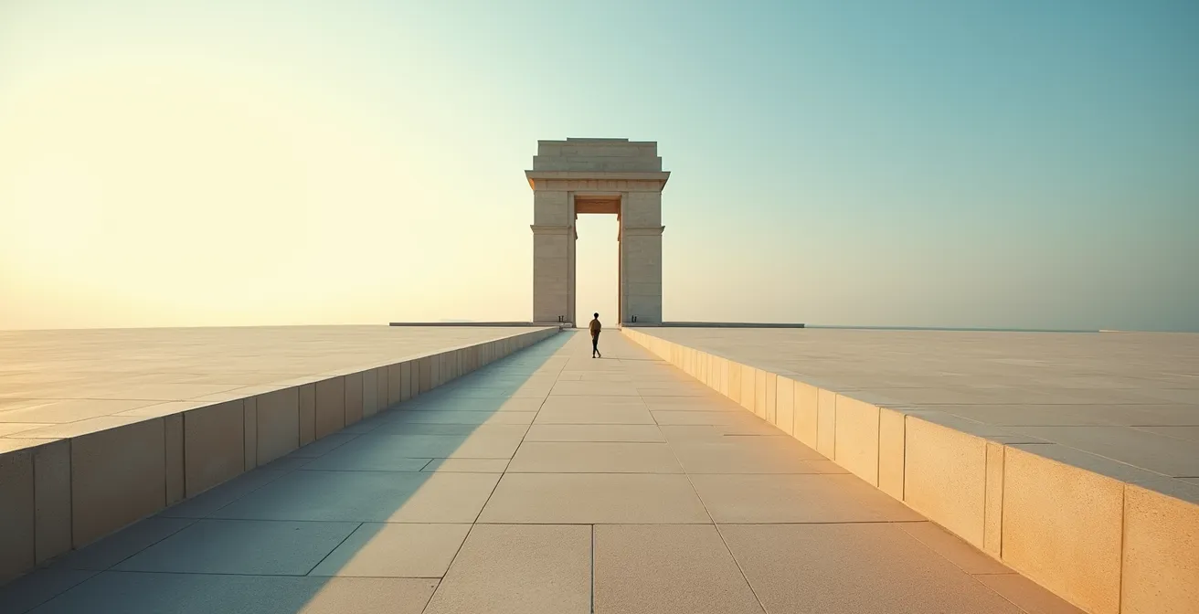Wide angle view of an iconic building from an unexpected vantage point with minimal crowds