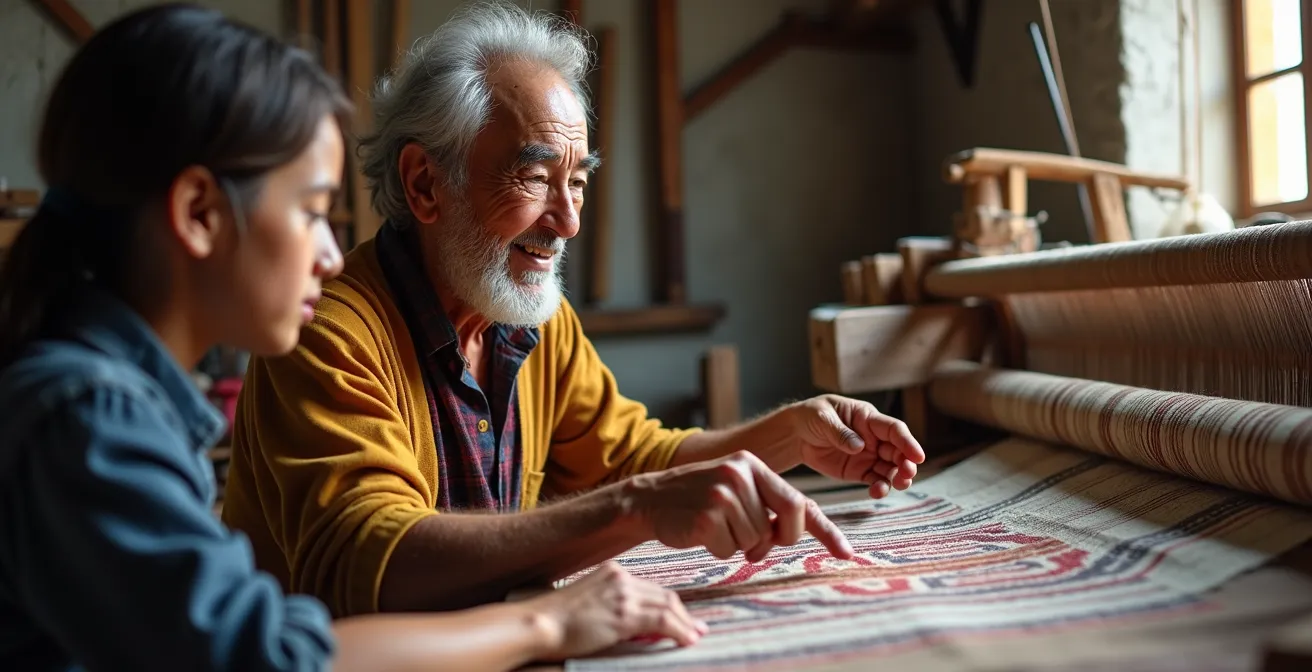 Artisan explaining traditional design patterns to respectful visitor