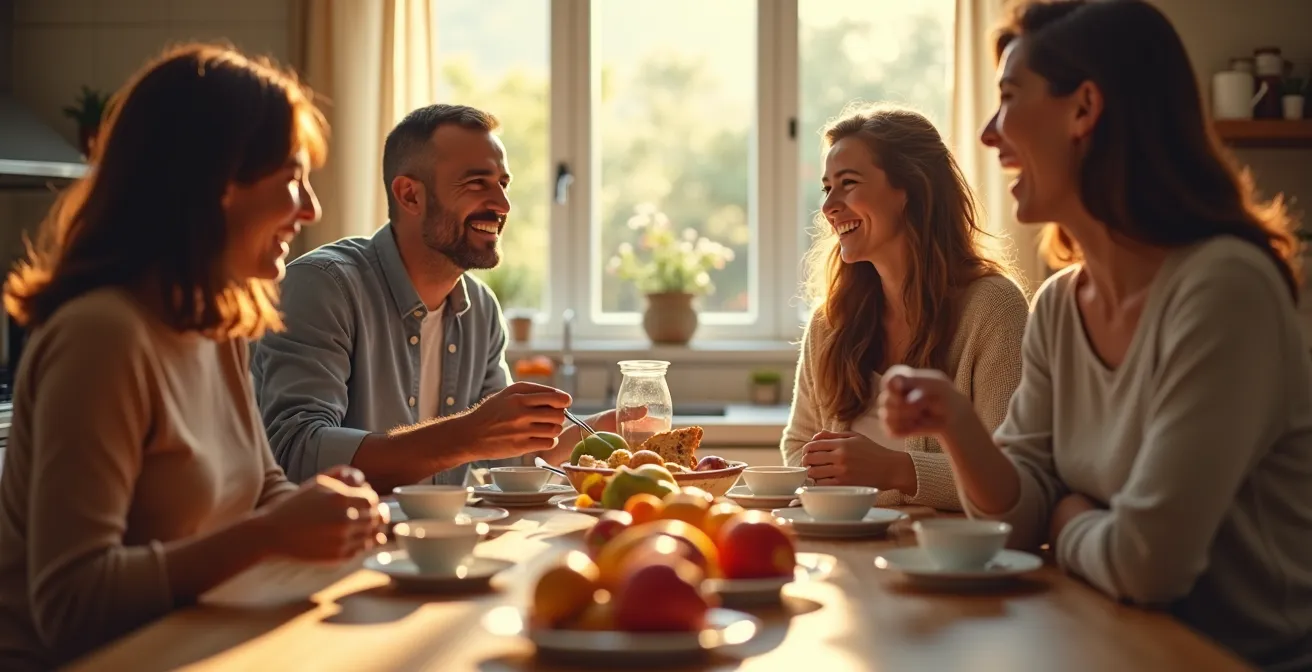Morning breakfast scene with homestay family practicing language exchange
