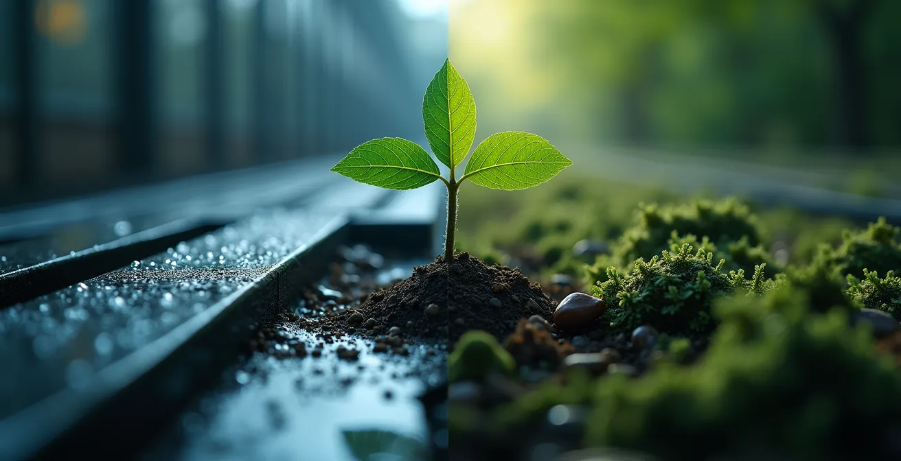 Split composition showing direct air capture technology and forest restoration