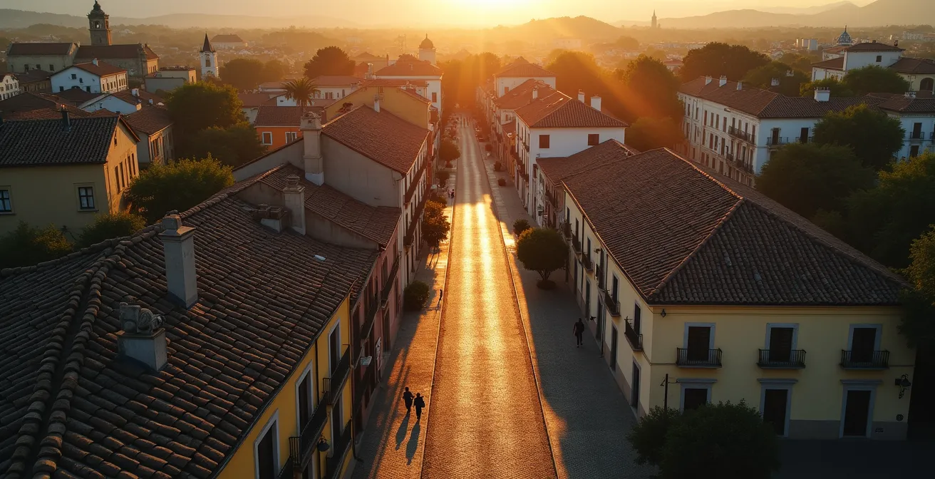 Aerial view of city streets with colorful pathway overlay showing walking route
