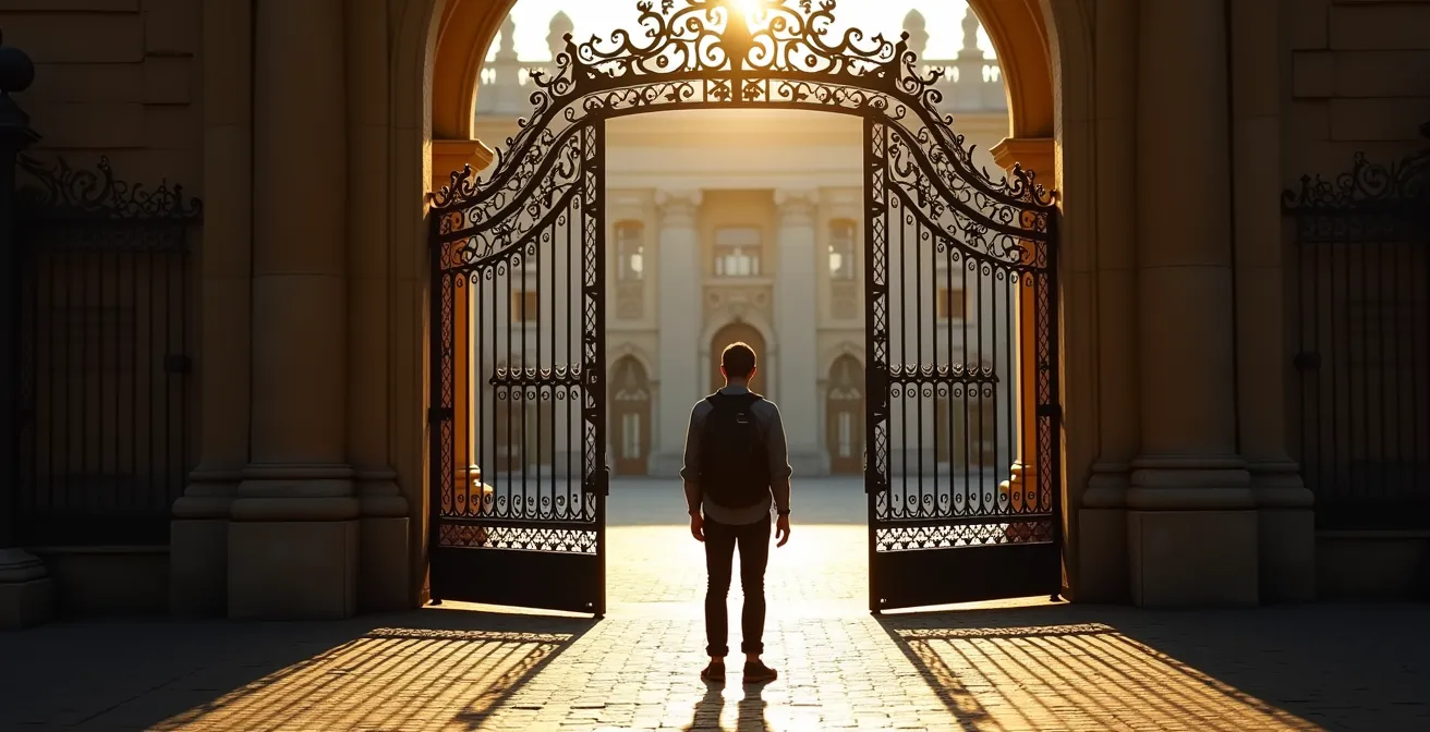 Tourist standing before ornate closed gates of a historic building at golden hour