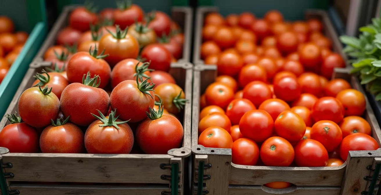 Split view of market stalls showing irregular local tomatoes versus uniform imported ones