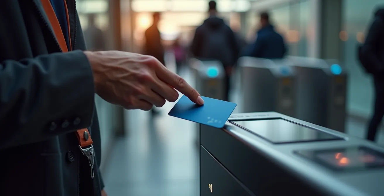Hand tapping contactless card on modern transit payment reader
