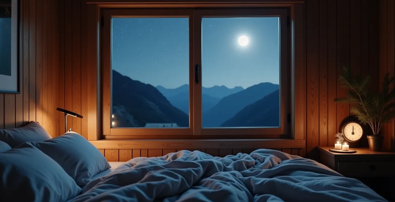 Cozy mountain cabin bedroom with open window showing starry night sky
