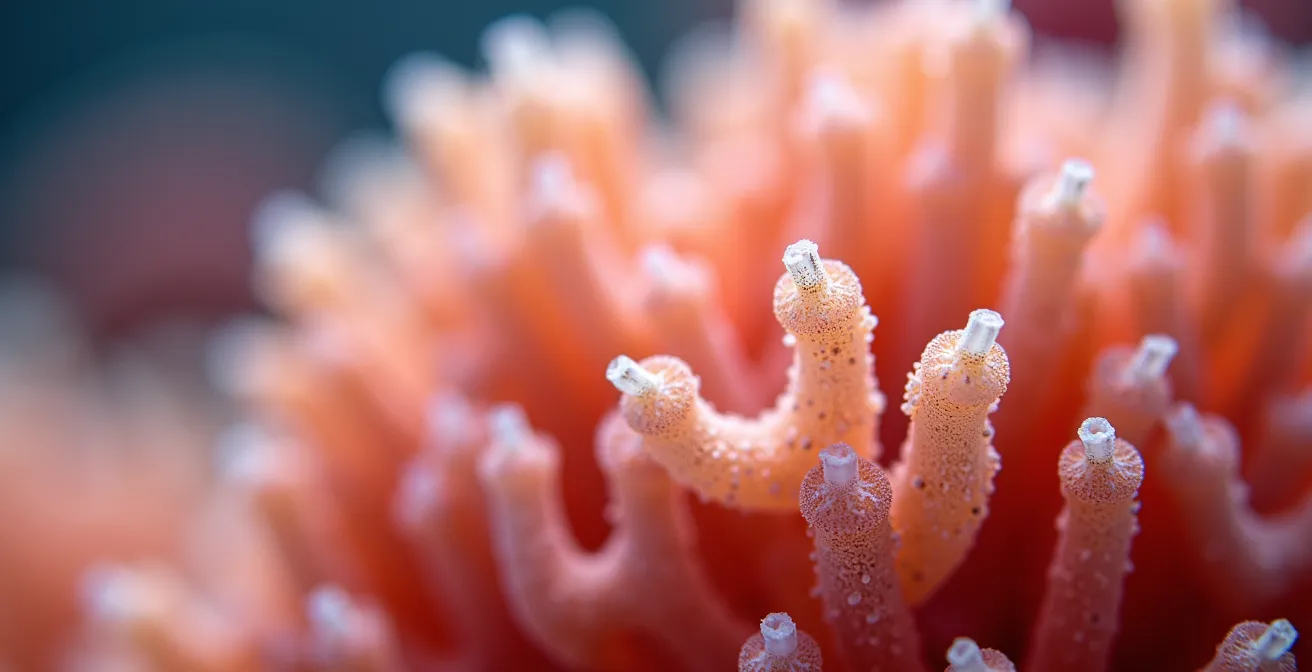 Extreme close-up of coral polyps showing protective mucous layer and living tissue structure