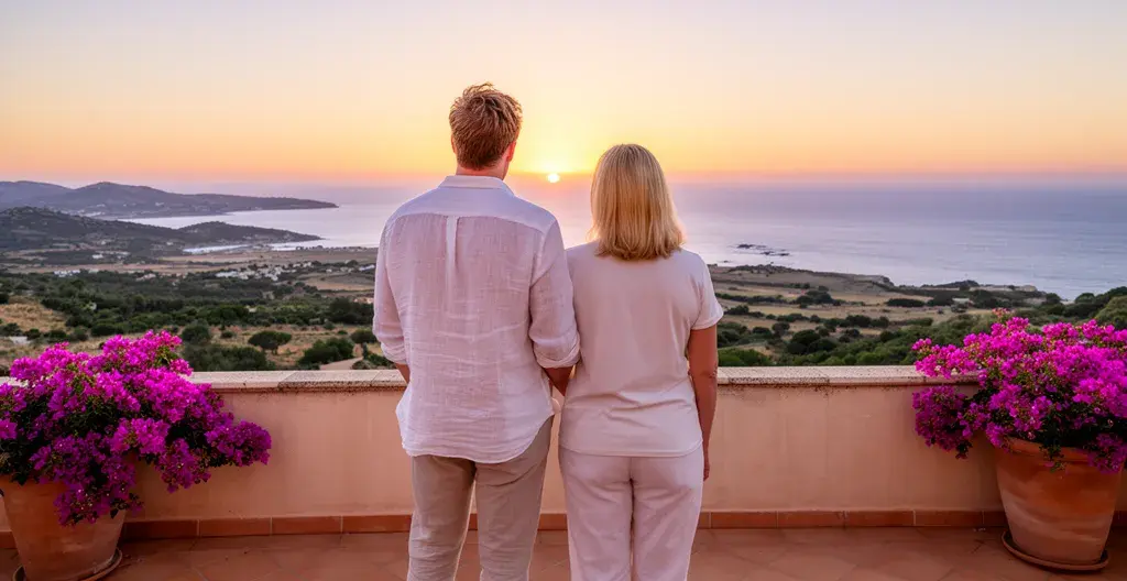 Couple enjoying Atlantic sunset from villa terrace on Île de Ré
