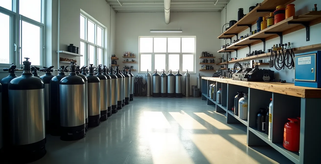 Professional dive shop interior showing organized scuba equipment storage and maintenance area