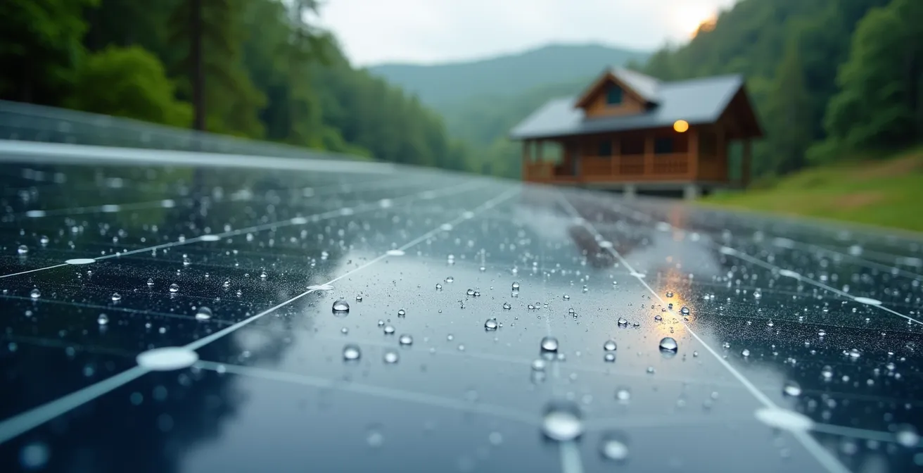 Sustainable eco-lodge with solar panels nestled in forest