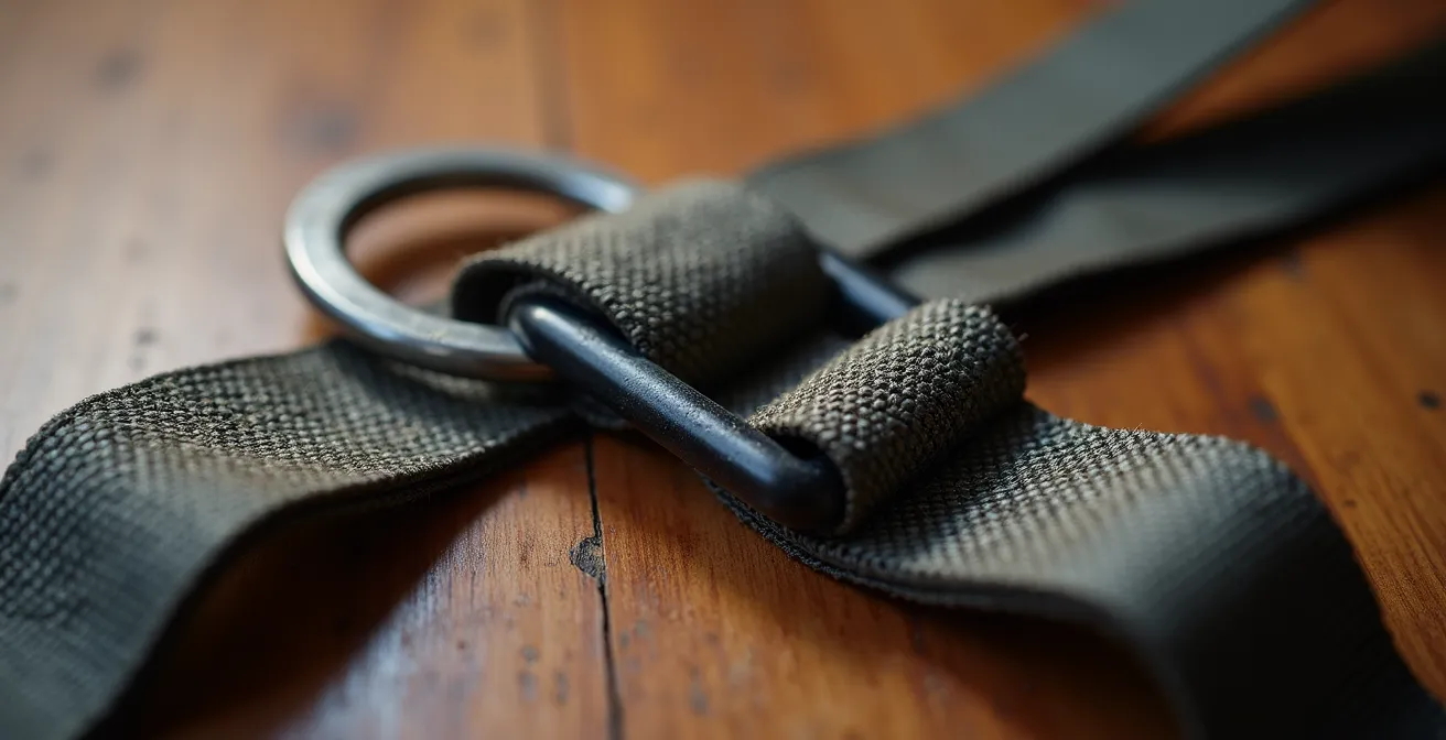 Extreme close-up of climbing harness webbing showing texture and wear patterns