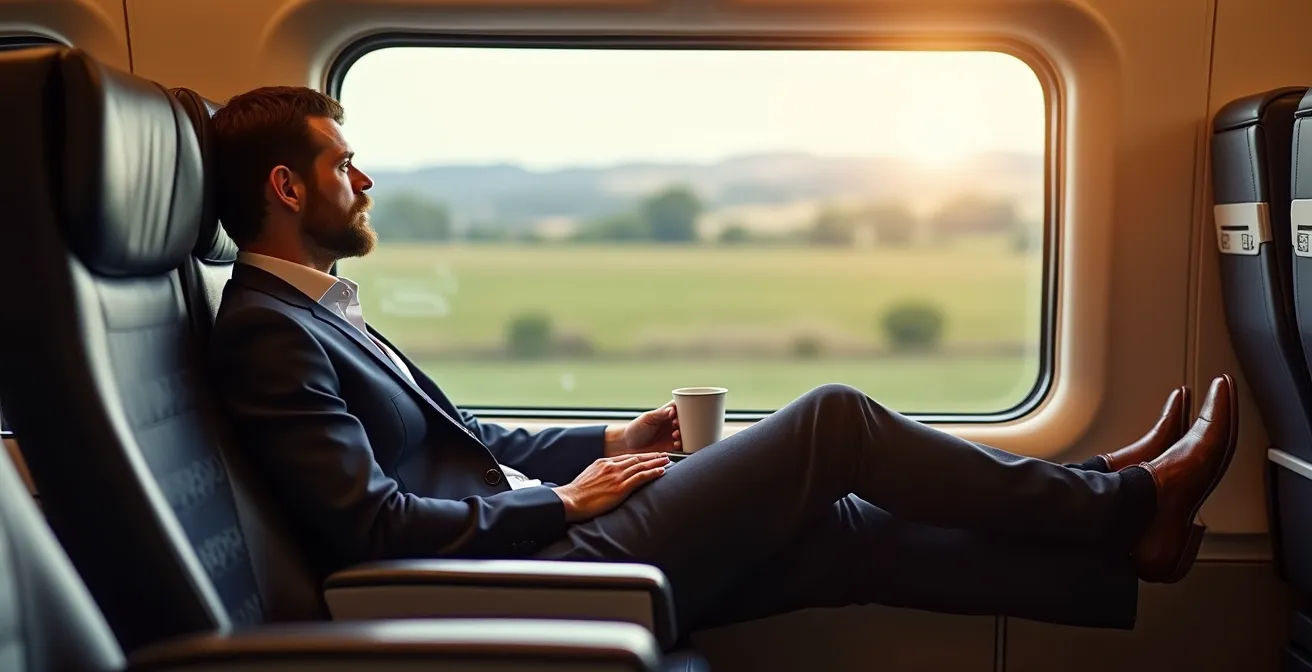 Luxurious first-class train cabin interior showing comfort and space