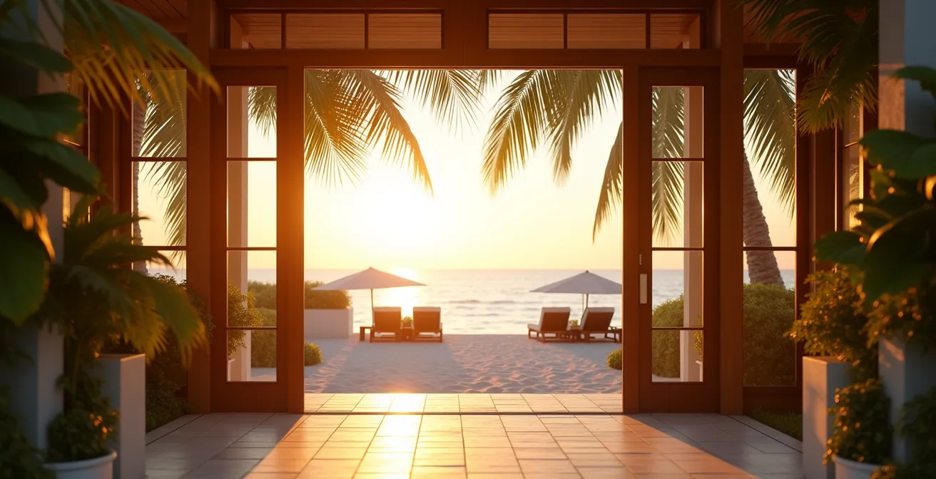 Elegant beach club entrance with palm trees and welcoming atmosphere during golden hour