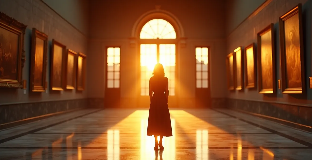 Empty museum gallery with artwork in soft evening light