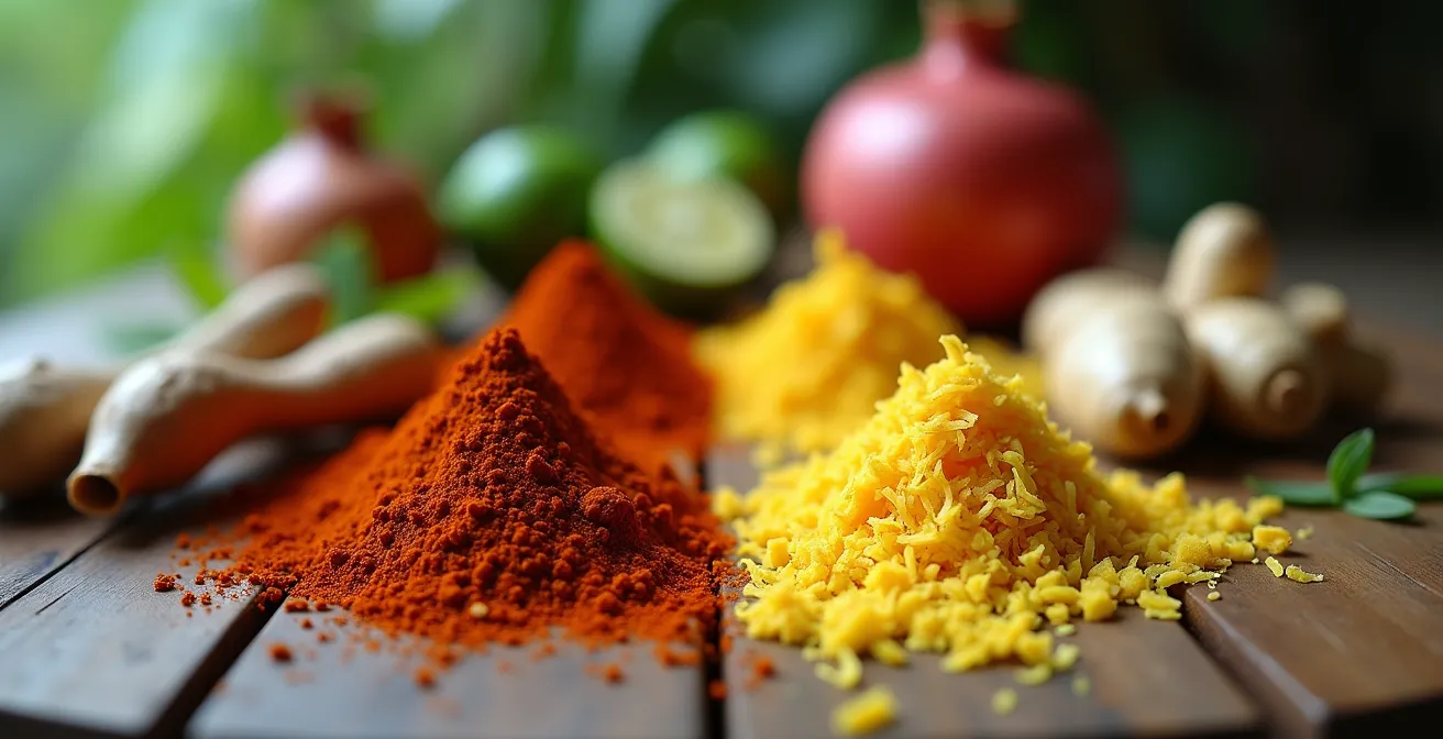 Close-up macro shot of various exotic spices and their common substitutes arranged on a wooden surface