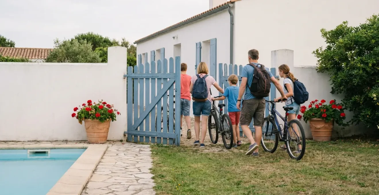 British family arriving at Île de Ré villa with bicycles through garden gate