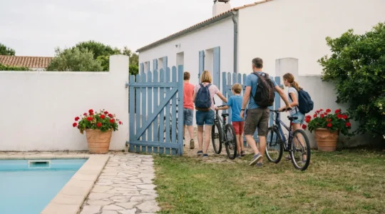 British family arriving at Île de Ré villa with bicycles through garden gate