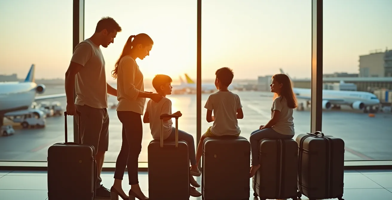 Family with organized luggage waiting for airport transfer vehicle