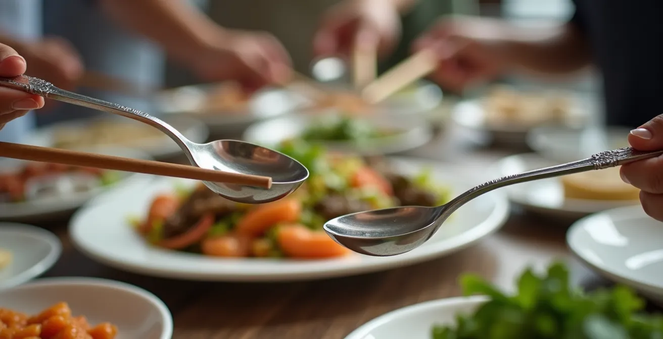 Overhead view of shared plates with dedicated serving utensils and proper chopstick placement
