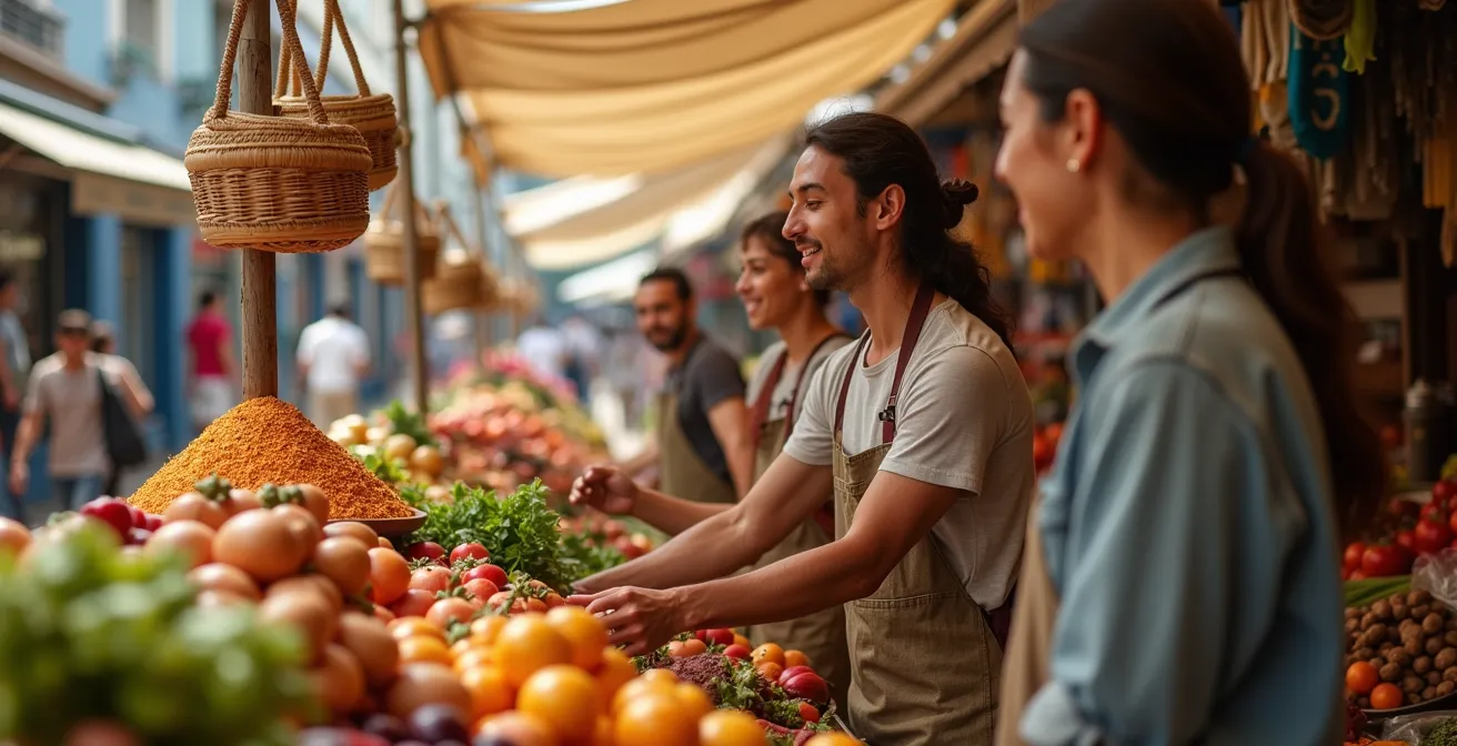Tour guide leading a small group through a colorful local food market