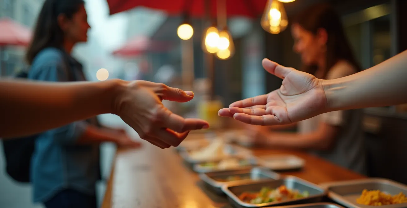 Close-up of hands demonstrating universal food ordering gestures at a street food stall