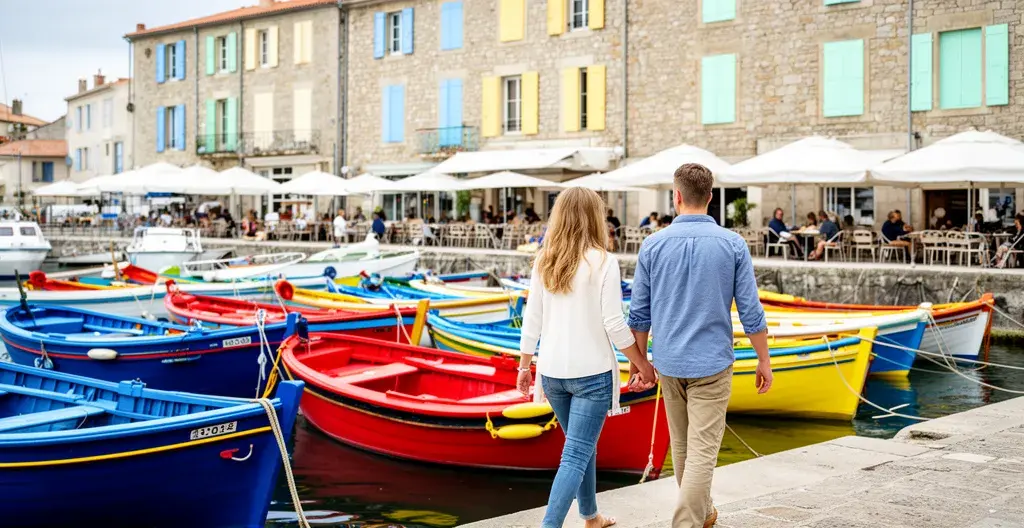 Couple walking along Île de Ré harbour with fishing boats and cafes