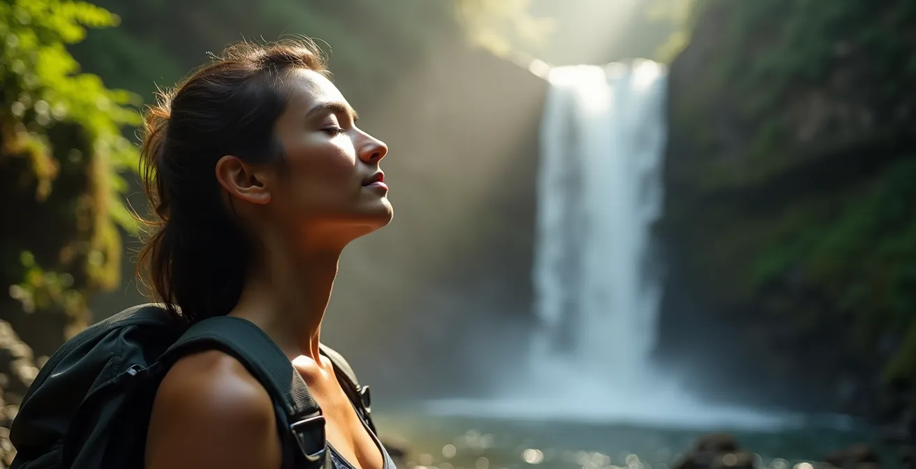Hiker in breathing pose near mountain waterfall with mist and negative ions