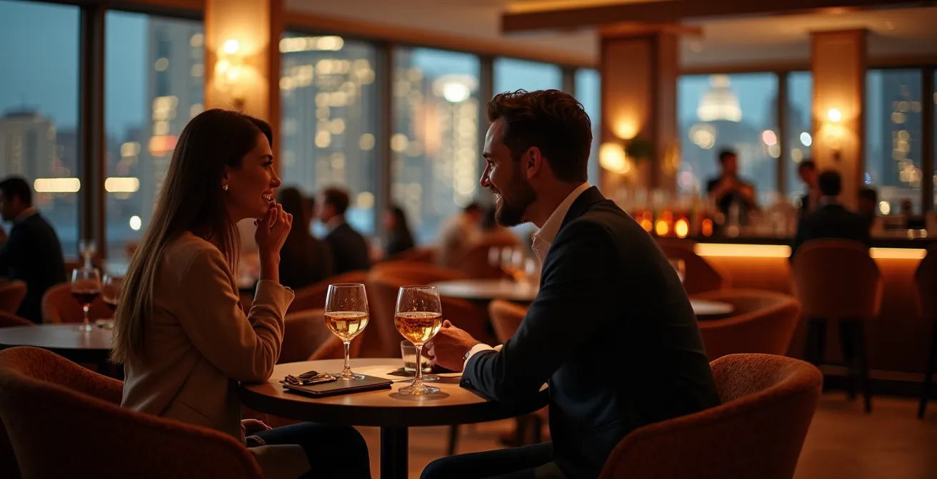 Luxurious hotel club lounge during evening service with guests enjoying amenities