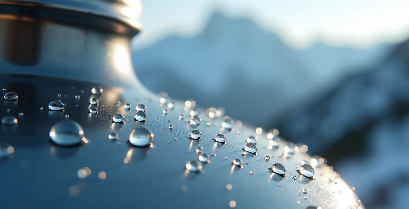 Macro shot of water droplets on insulated bottle with mountain backdrop