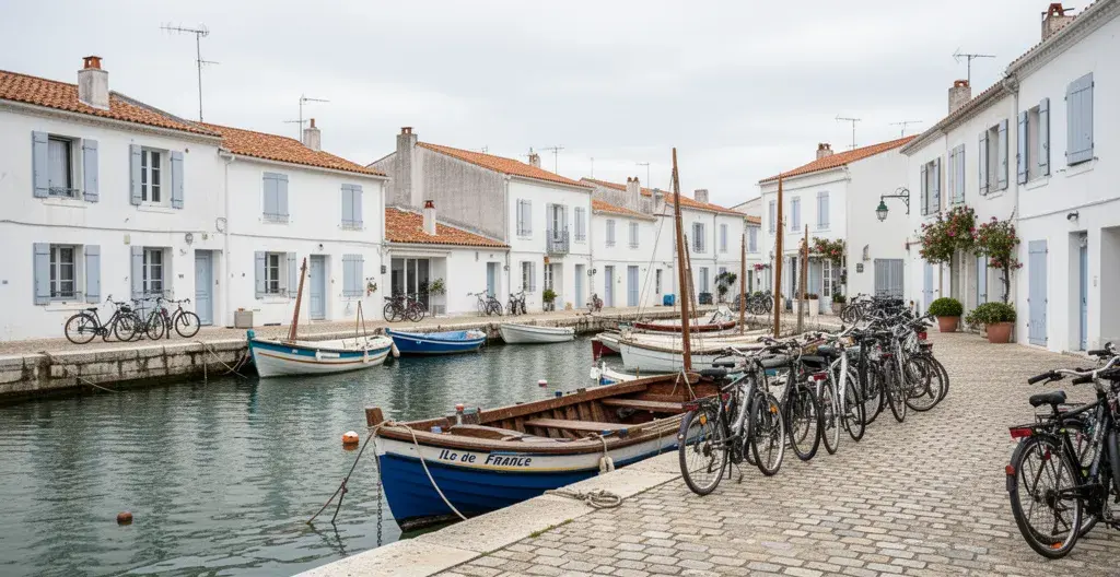 Ile de Ré harbour village with white houses and bicycles France holiday rental destination