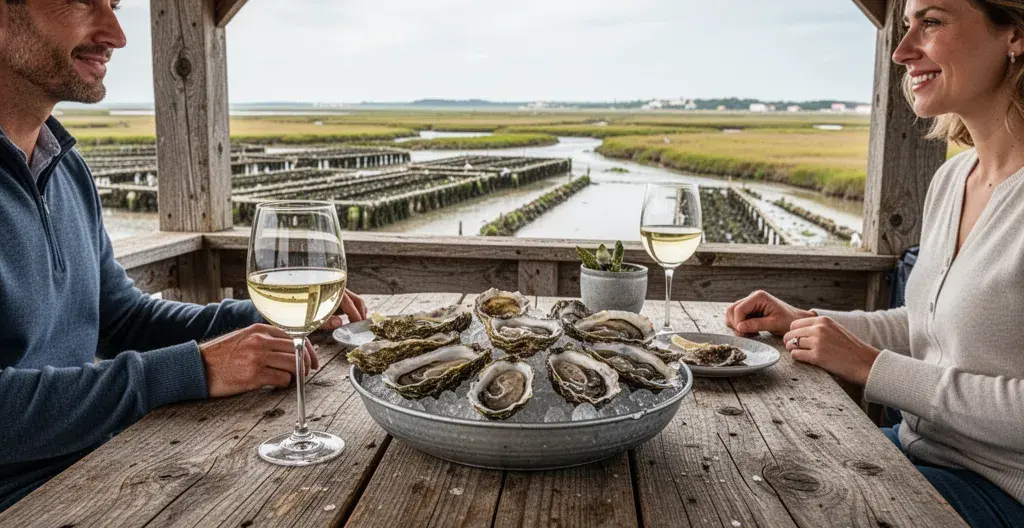 Fresh oysters and wine at traditional Île de Ré oyster cabin