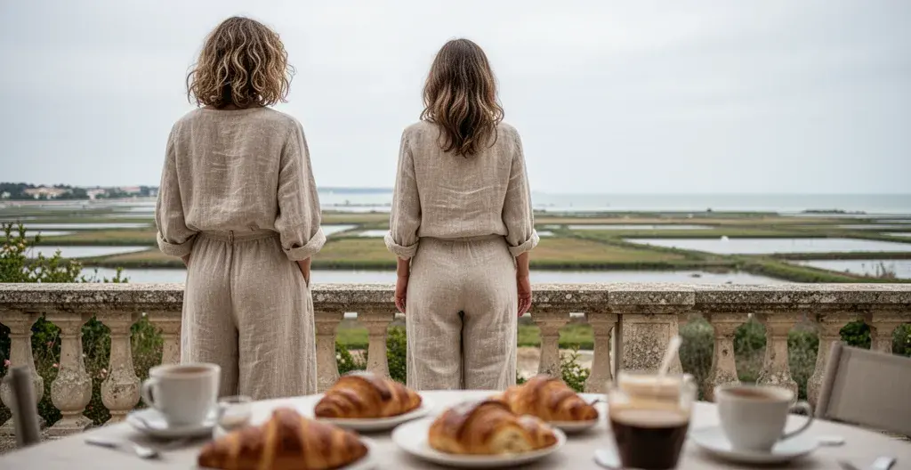 Woman on luxury villa terrace overlooking Île de Ré salt marshes