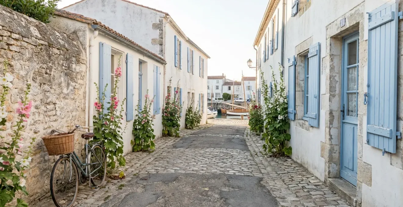 Whitewashed village street on Île de Ré with hollyhocks and vintage bicycle