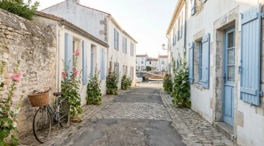 Whitewashed village street on Île de Ré with hollyhocks and vintage bicycle