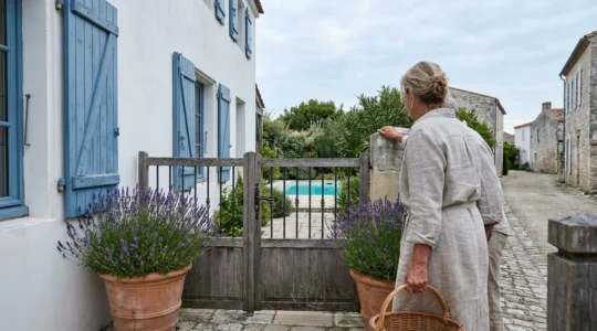 Whitewashed villa with blue shutters and private pool on Île de Ré