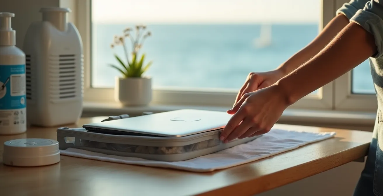 Minimalist coastal workspace with laptop in protective environment, ocean view through window