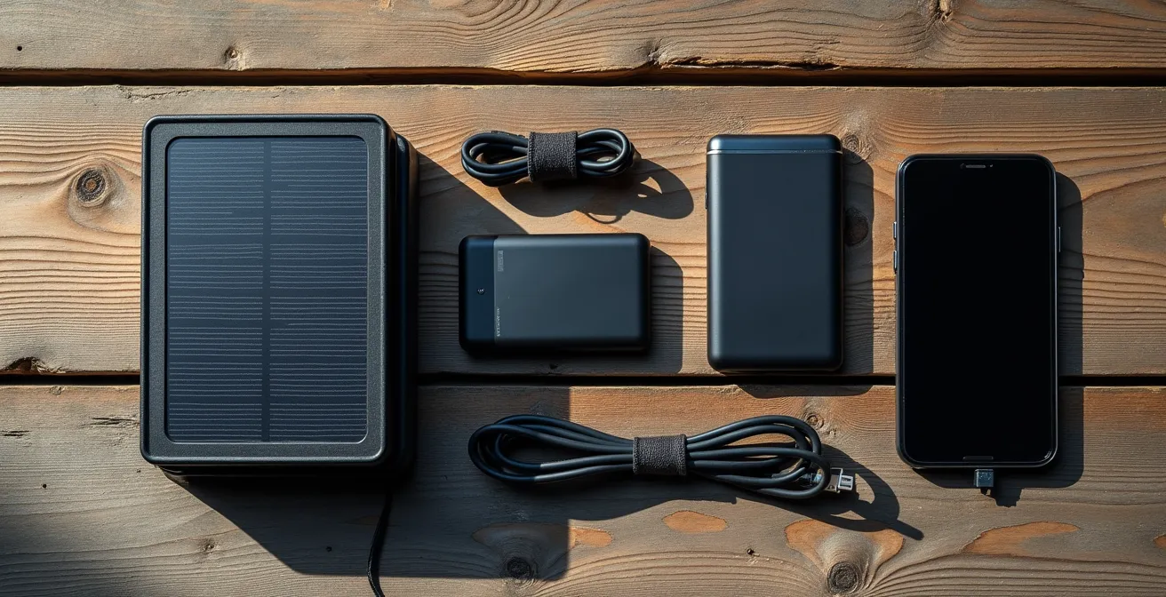 Hiking gear layout showing multiple power sources including solar panel power bank and backup batteries