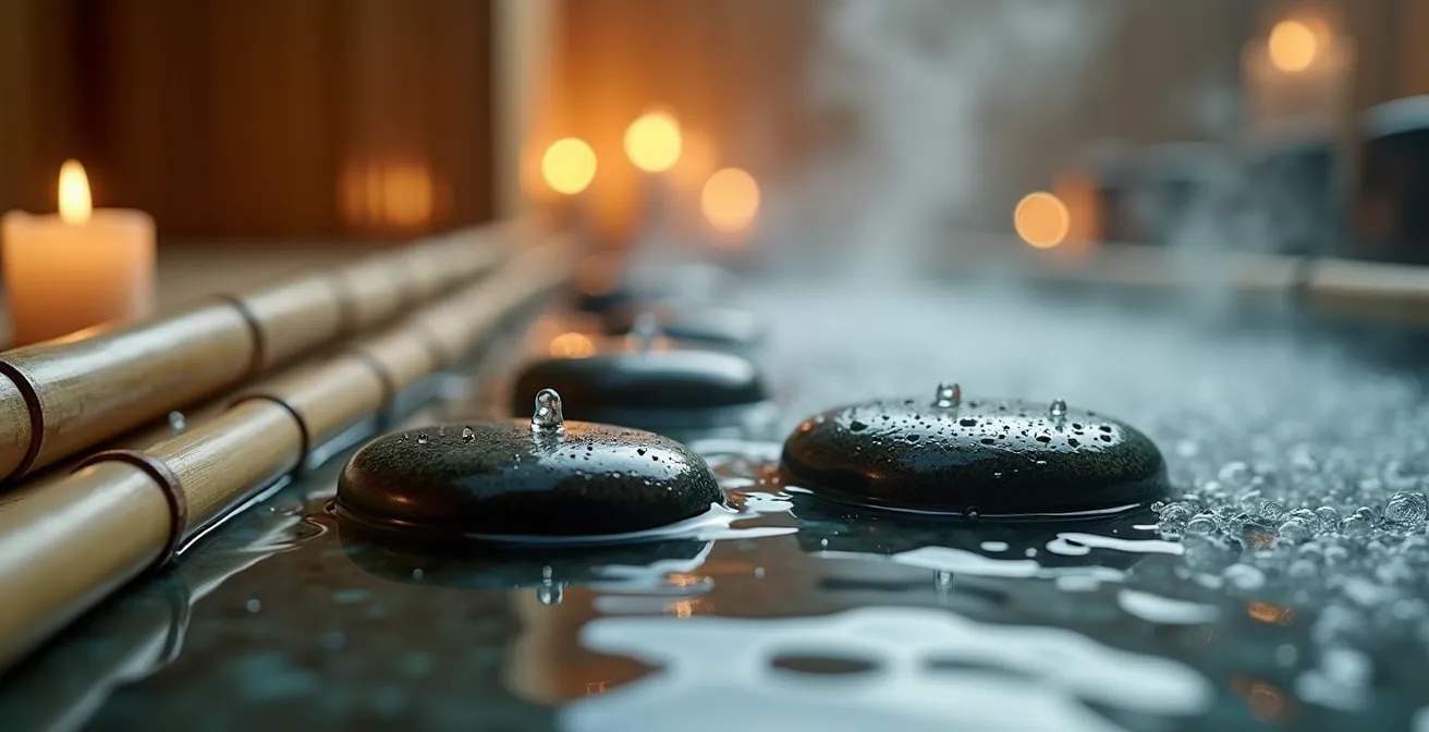 Close-up of spa facility water features and steam room details