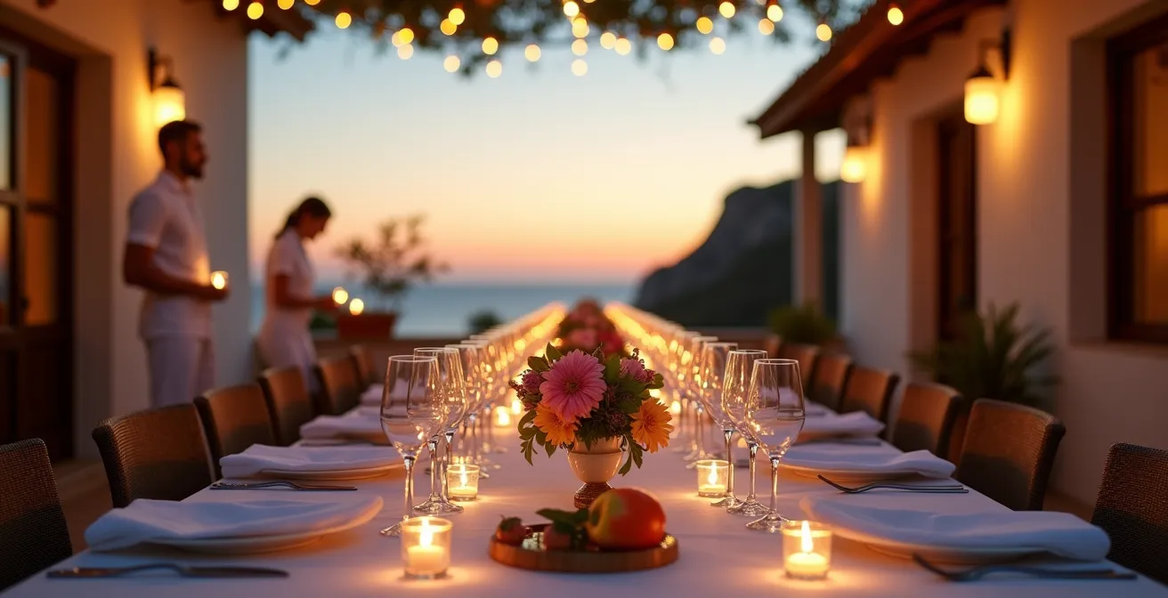 Wide angle view of an elegant outdoor dinner setup at a luxury villa