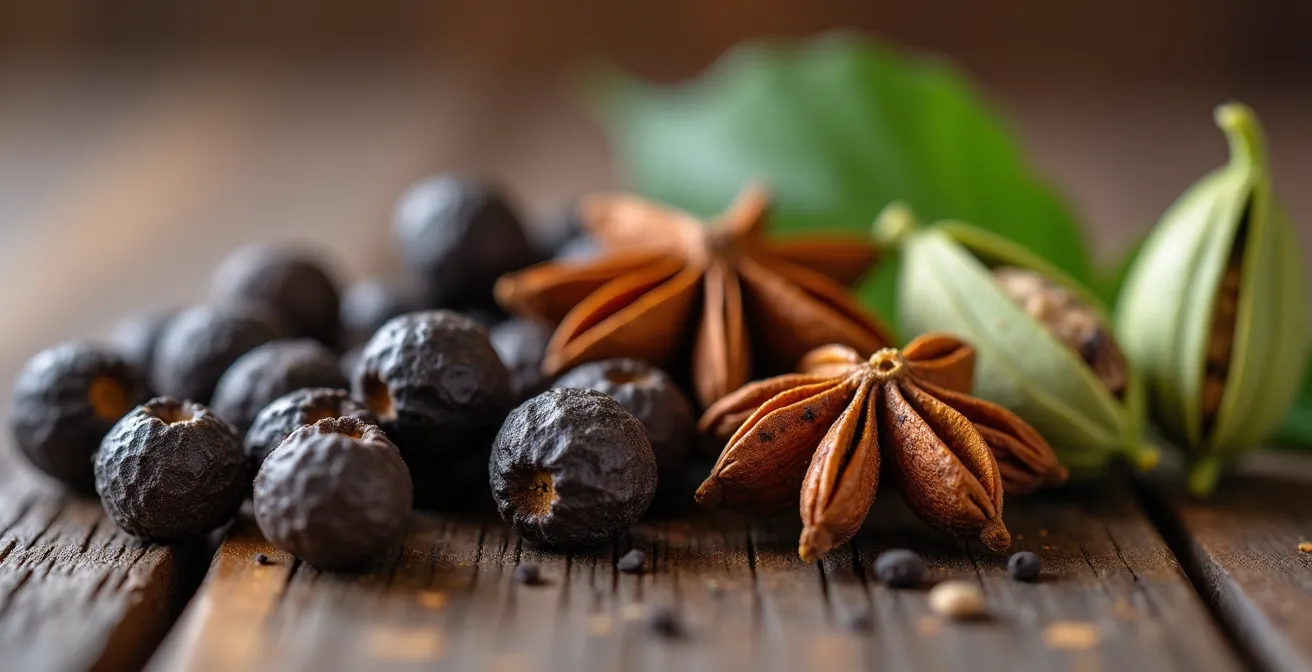 Extreme close-up of whole peppercorns, star anise and cardamom pods showing natural textures