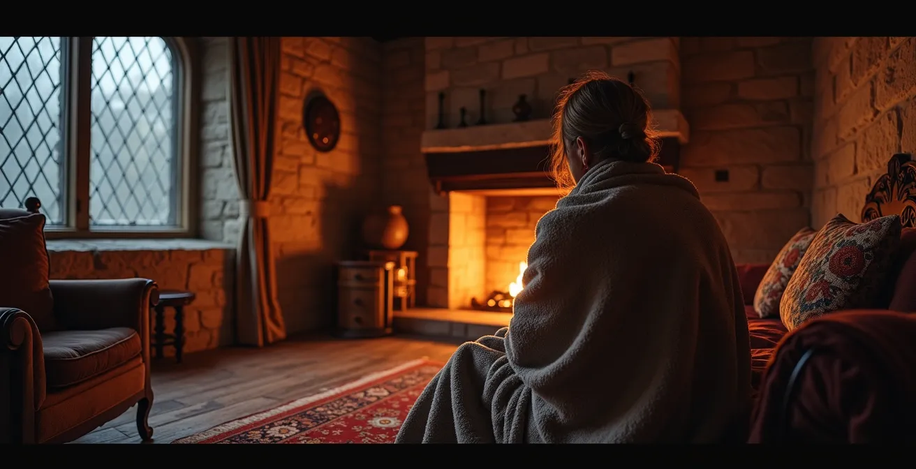 Cozy castle bedroom with stone walls and fireplace in winter