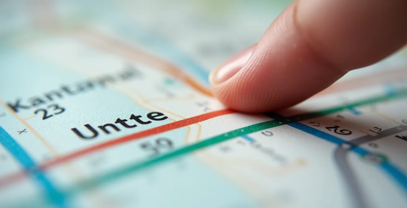 Aerial perspective of city with metro lines highlighted as travel routes