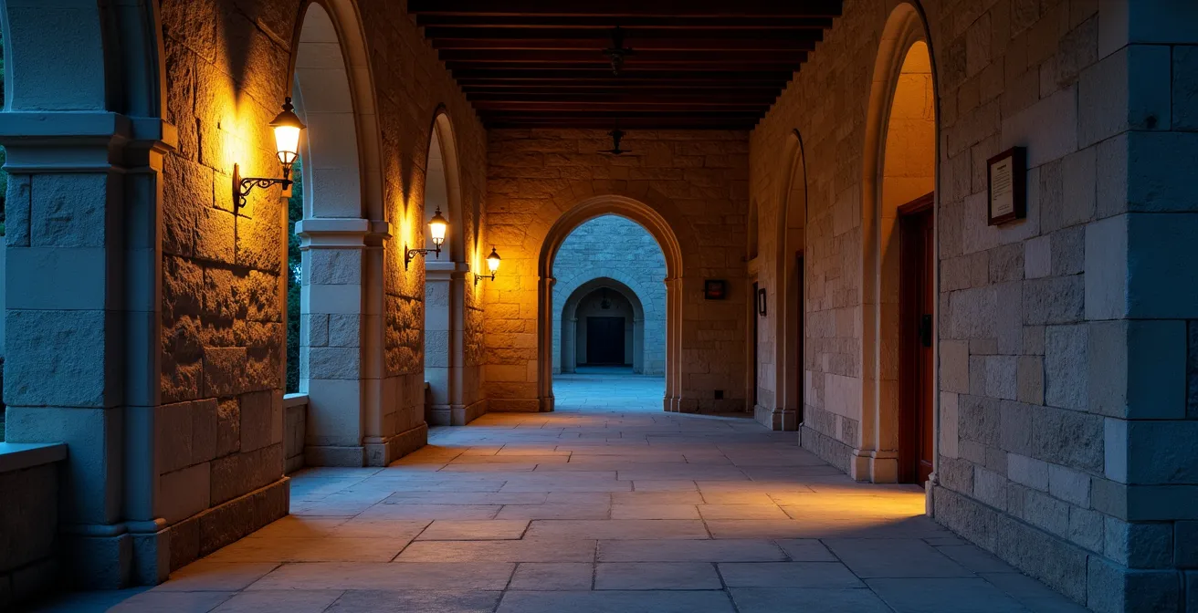 Serene monastery cloister at dusk with stone arches and garden