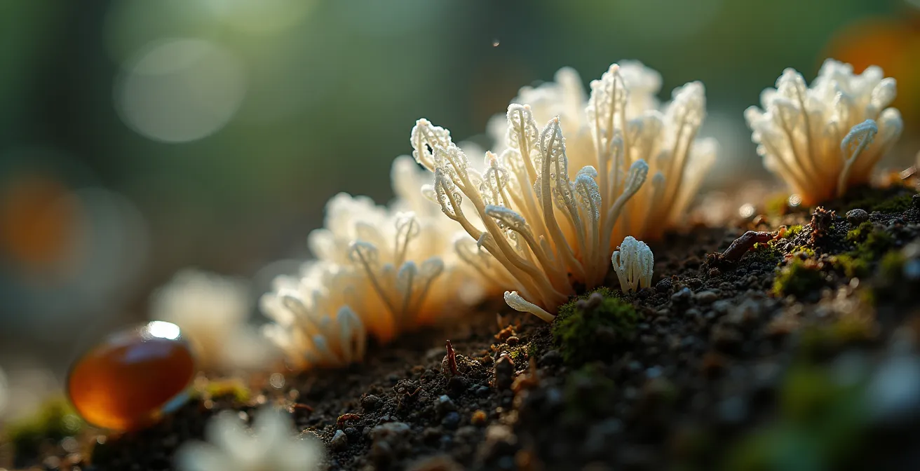 Extreme close-up of delicate mycorrhizal fungi networks on ancient forest floor