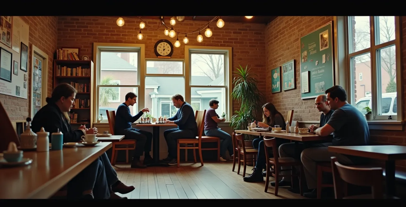 A warm community bookstore cafe with locals engaged in conversation and reading