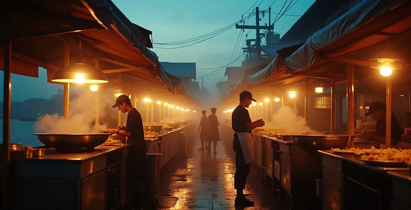 Wide shot of night market at dusk with steam rising from fresh cooking and warm lighting